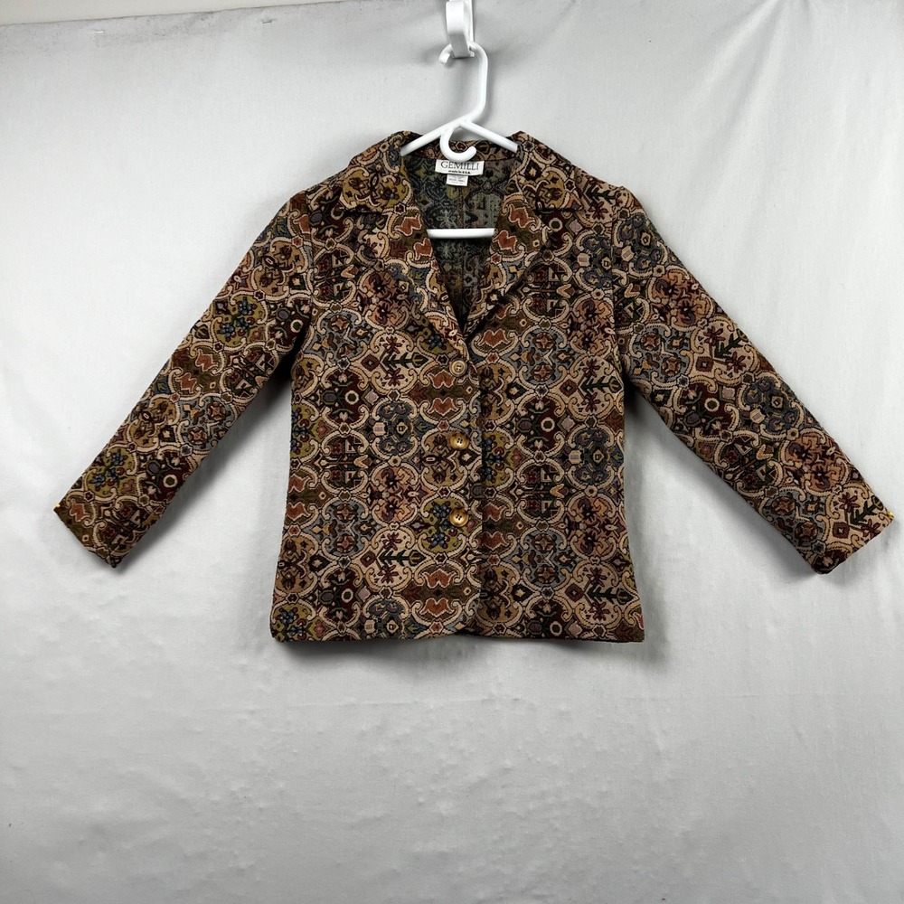 Gemilli Vintage Tapestry Blazer Jacket Brown Floral Damask Boho Petite Small